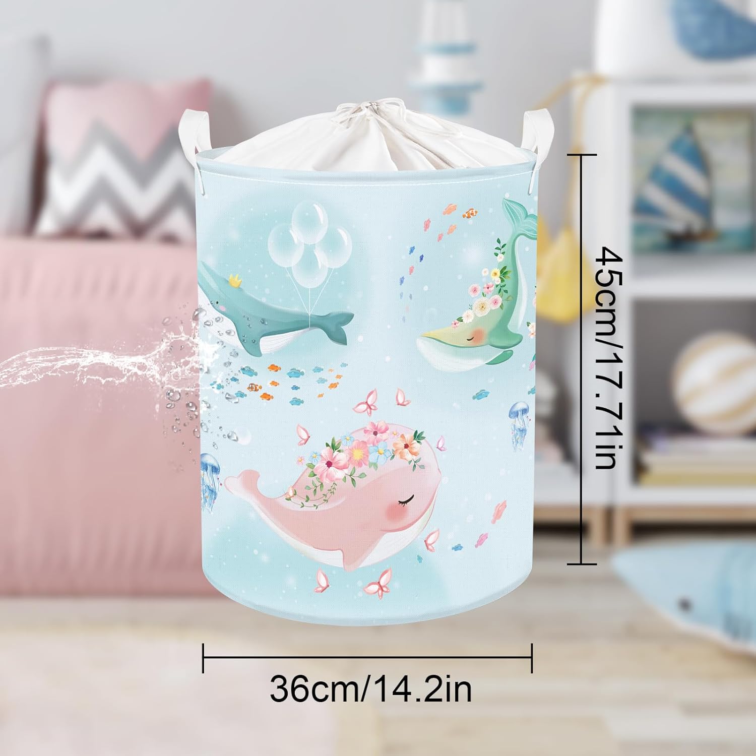 Great Choice Products 45L Blue Floral Ocean Whale Kids Laundry Hamper For Girls Butterfly Flower Round Clothes Toys Storage Baskets For Nursery 