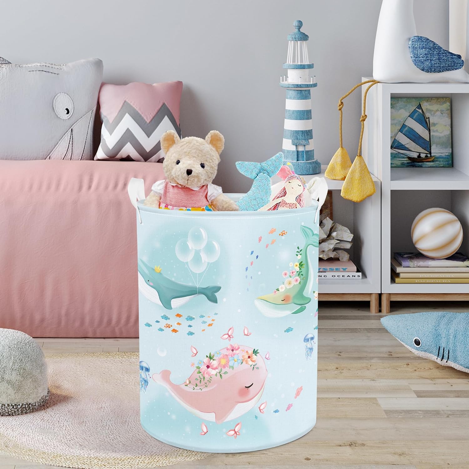 Great Choice Products 45L Blue Floral Ocean Whale Kids Laundry Hamper For Girls Butterfly Flower Round Clothes Toys Storage Baskets For Nursery 