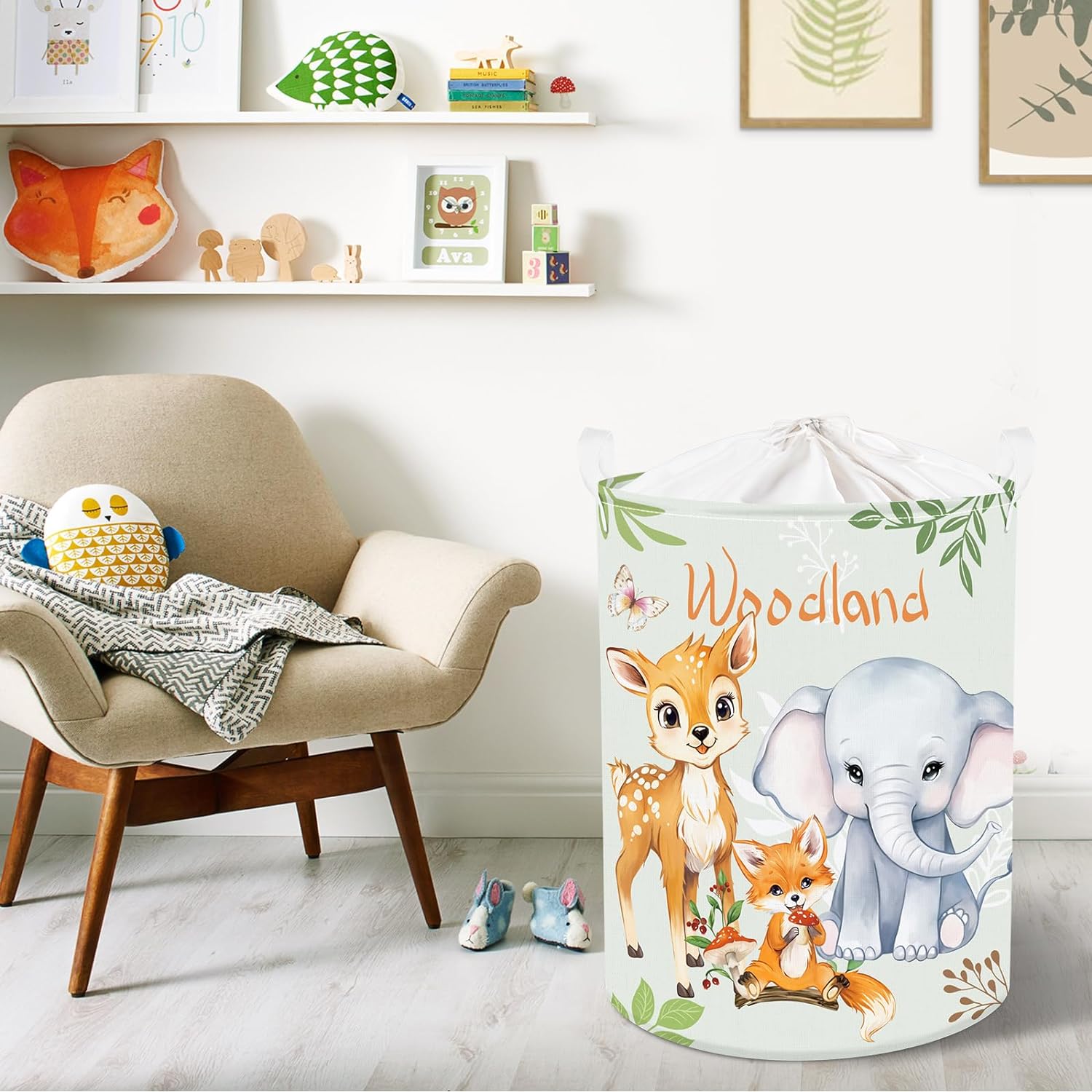 Great Choice Products 45L Giraffe Elephant Fox Kids Boys Girls Laundry Hamper Green Woodland Animals Round Toy Clothes Storage Basket For Childr