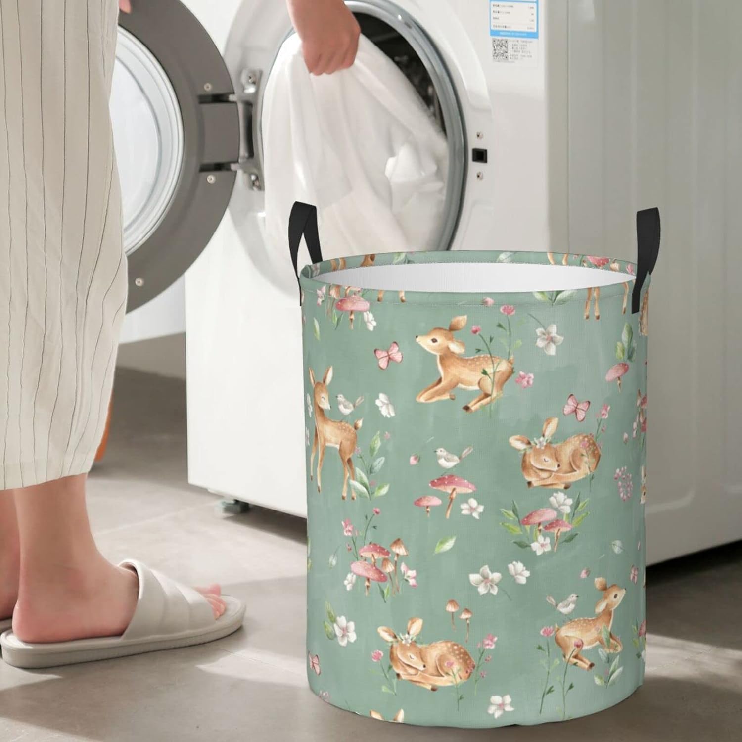 Great Choice Products 38L Round Laundry Hamper Cute Deers Storage Basket Waterproof Coating Woodland Forest Animals Butterflies And Flowers Orga