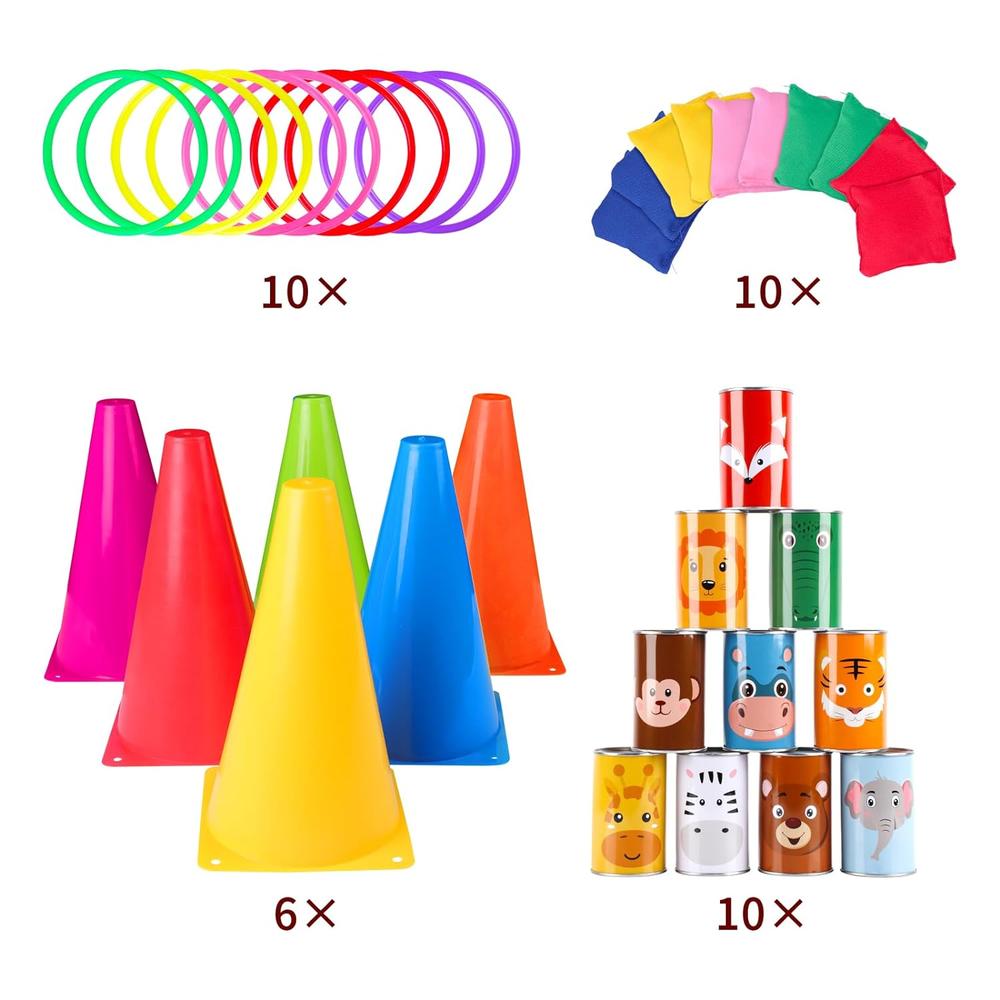 Great Choice Products 4 In 1 Carnival Games Set For Kids, Ring Toss Games Bean Bag Can Game Soft Plastic Cones, Carnival Party Supplies, Outdoor