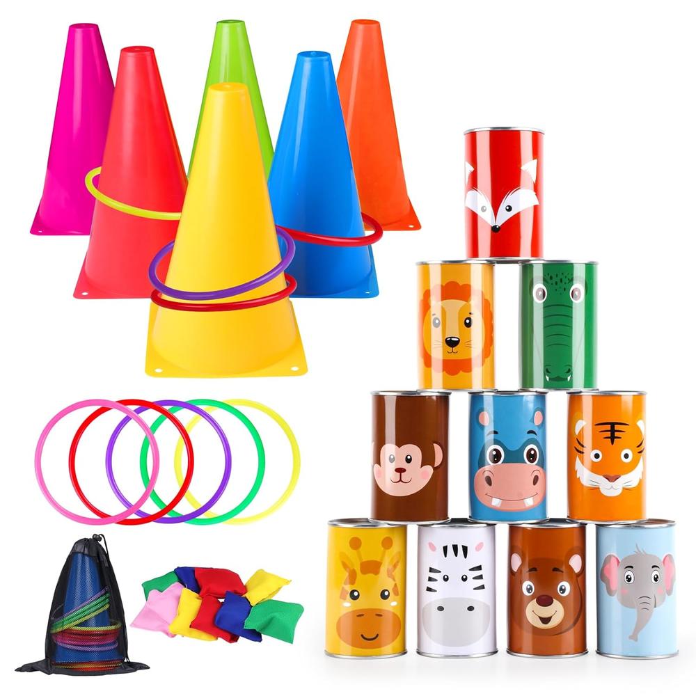 Great Choice Products 4 In 1 Carnival Games Set For Kids, Ring Toss Games Bean Bag Can Game Soft Plastic Cones, Carnival Party Supplies, Outdoor