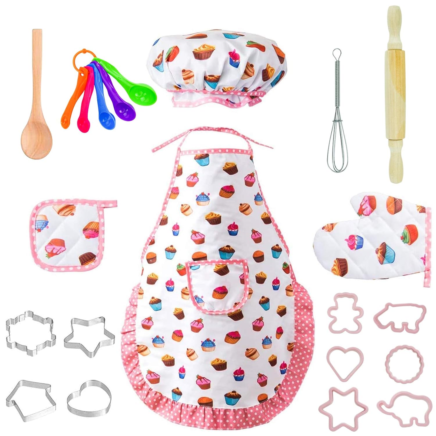 Great Choice Products 22 Pcs Kids Chef Role Play Costume Set, Toddler Cooking Apron Set, Apron And Chef Hat For Dress Up Chef Costume Career Rol