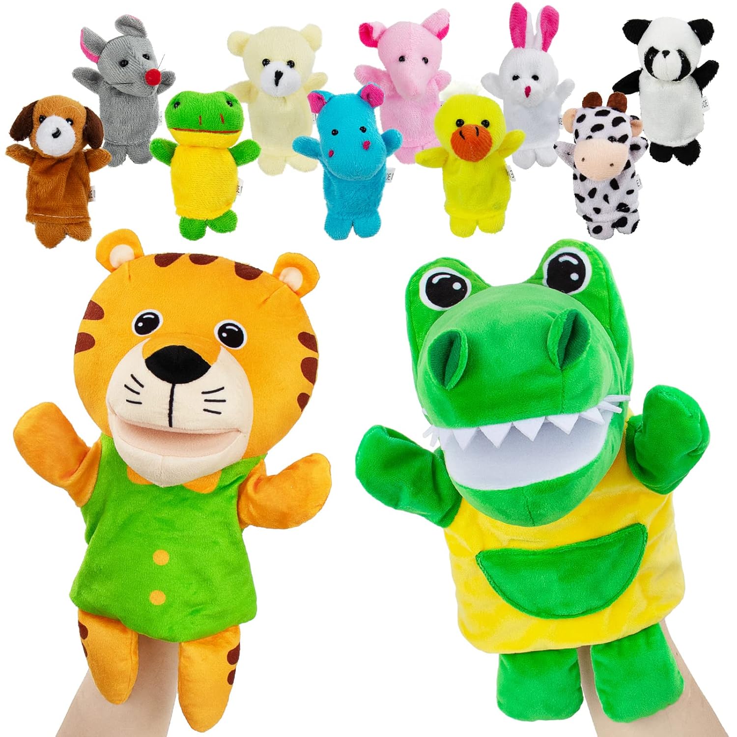 Great Choice Products Puppets With 2 Hand Puppets & 10 Finger Puppets - Soft Plush Animal Finger Puppet Toys For Kids, Mini Figures Toy Assortme