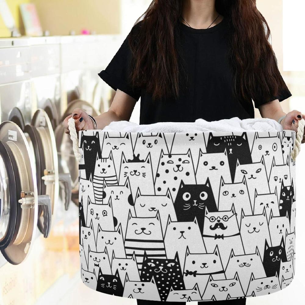 Great Choice Products Collapsible Large Capacity Basket Funny Black And White Cat Animal Clothes Toy Storage Hamper With Durable Cotton Handles 