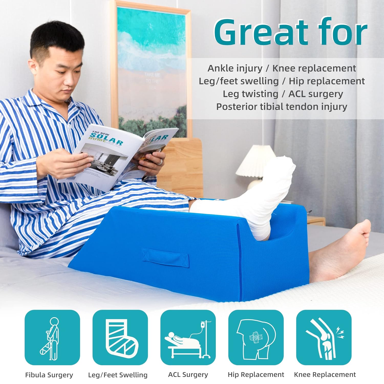 OasisSpace Leg Support and Elevation Pillow for Surgery, Swelling, Injury  or Rest - Memory Foam Post Surgery Leg Pillow with Washable Cover- Improve