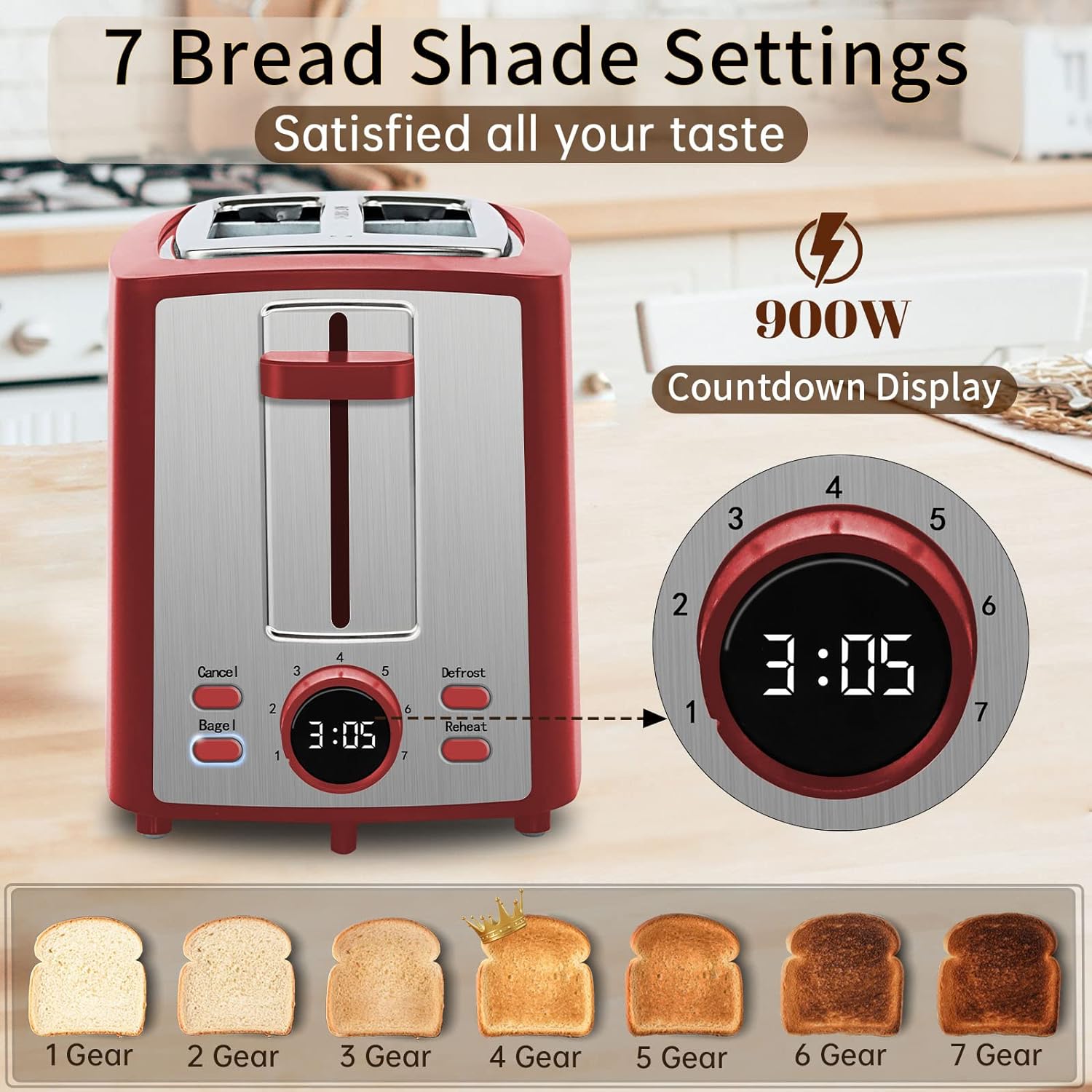 Great Choice Products Toaster 2 Slice, Bread Toaster With Lcd Display, 7 Shade Settings, 1.4'' Variable Extra Wide Slots Toaster With Cancel, Ba