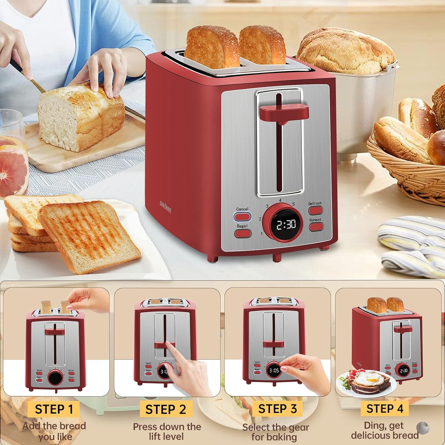 Great Choice Products Toaster 2 Slice, Bread Toaster With Lcd Display, 7 Shade Settings, 1.4'' Variable Extra Wide Slots Toaster With Cancel, Ba