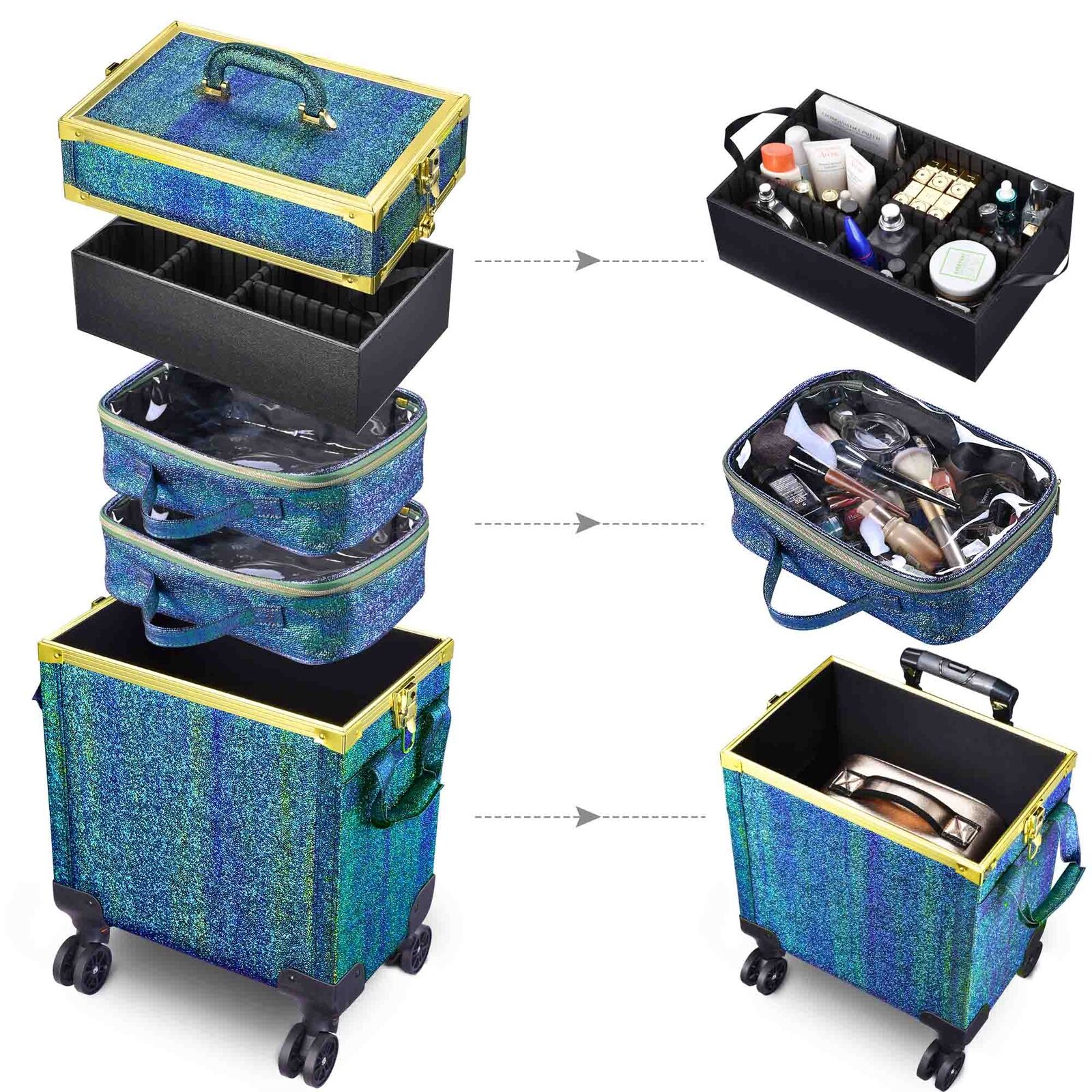 Great Choice Product Rolling Makeup Train Case Lockable Cosmetic Trolley Pu 3 In1 Organizer