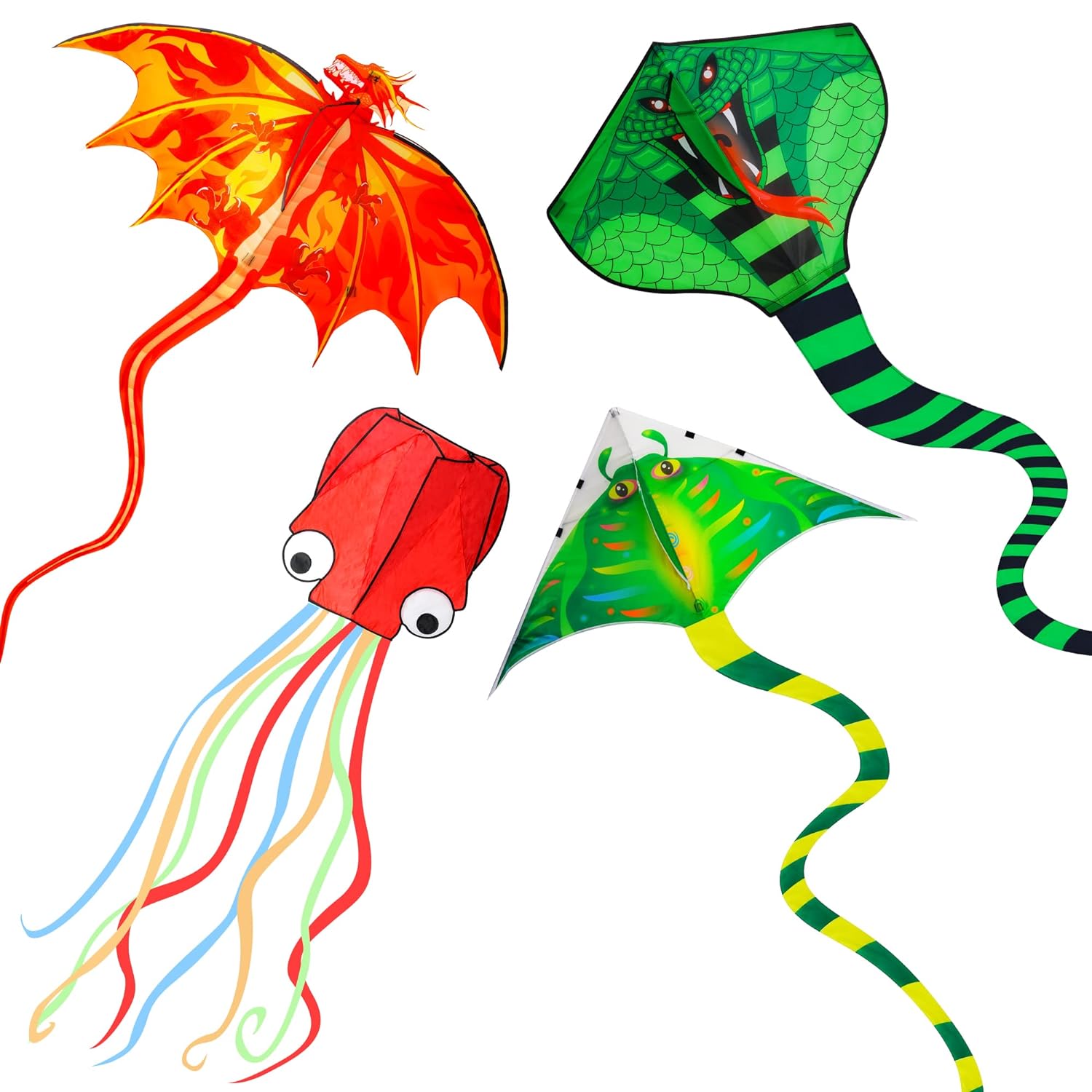 Great Choice Products 4 Pack Kites - Large Fire Dragon Kite Green Snake Kite Devil Fish Kite Red Mollusc Octopus With Long Colorful Tail For K…