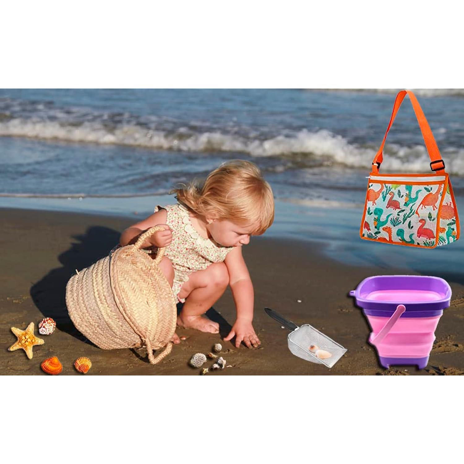 Great Choice Products Beach Toys Mesh Beach Bags For Kids 3-10, Beach Mesh Shovel With Mesh Beach Bag For Shell Collecting, Filter Sand Scoope…