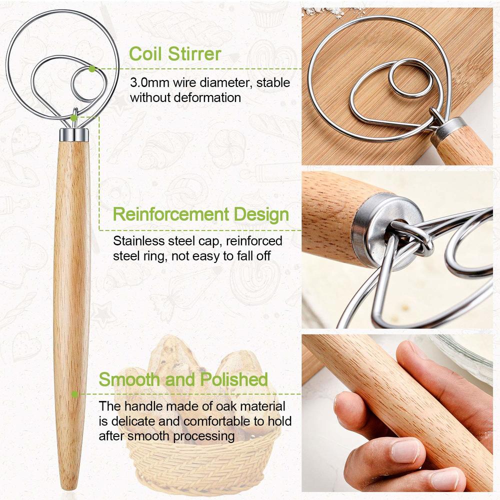 Great Choice Products 3Pcs Danish Dough Whisks, Premium Mixing Whisk Tools For Kitchen Baking Wooden Handle Stainless Steel Manual Dough Mixer…
