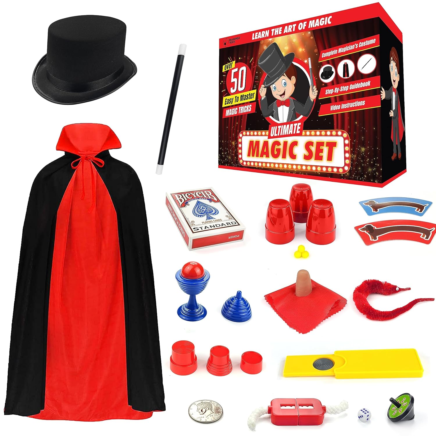 Bloonsy Magic Kit for Kids | Magic Tricks Set for Kids Age 6 8 10 12 | Magician Costume for Pretend Play with Easy to Follow Guide and Video