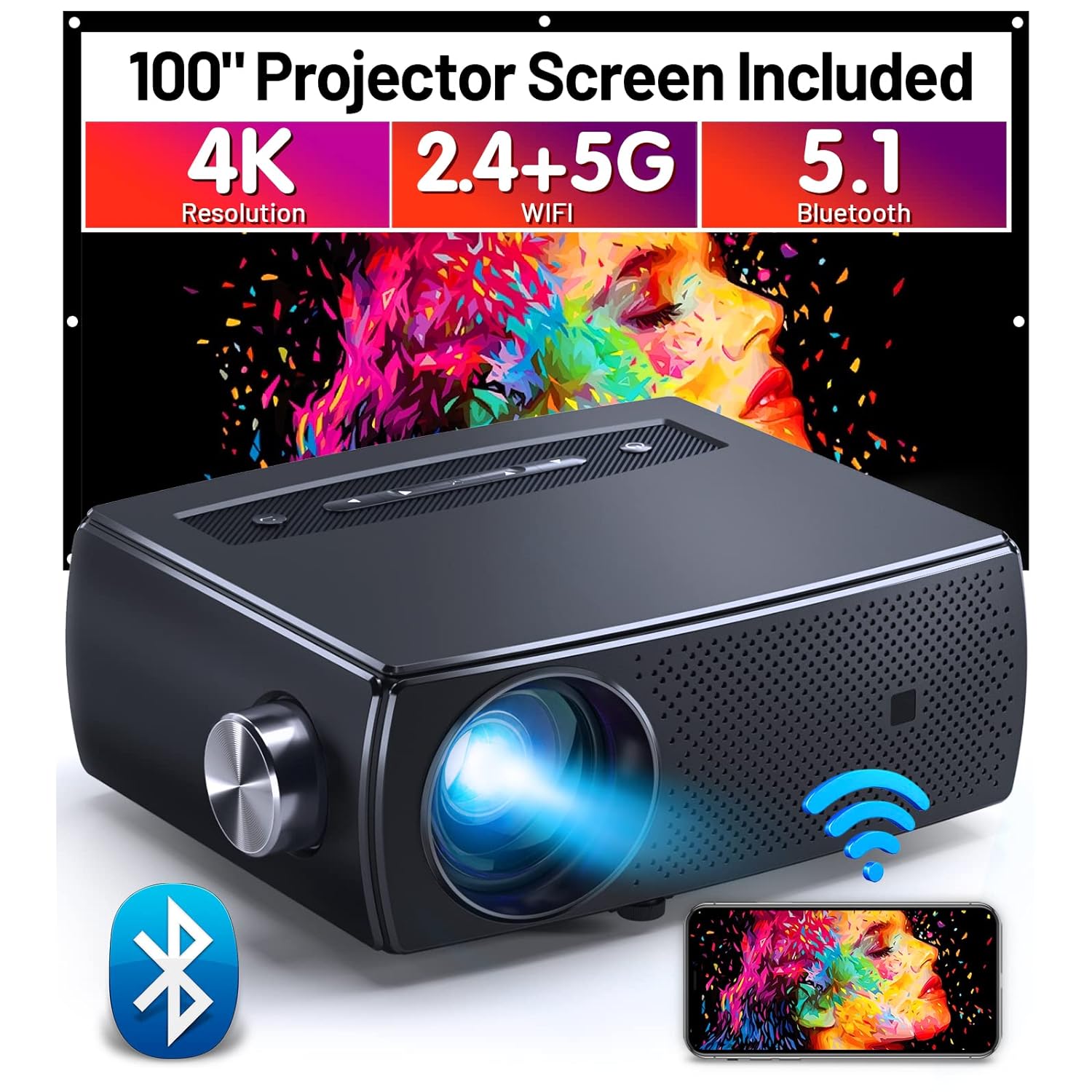 Great Choice Products Projector, 10000L 1080P Hd 5G Wifi Bluetooth Projector, Portable Movie Projector With Screen, Home Theater Video Projector…