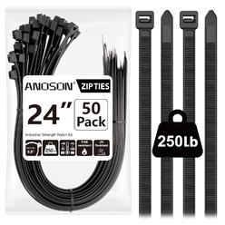 Great Choice Products Large Zip Ties Heavy Duty Outdoor 24 Inch (50 Pack), Heavy Duty Zip Ties 250 Lbs, Black, By