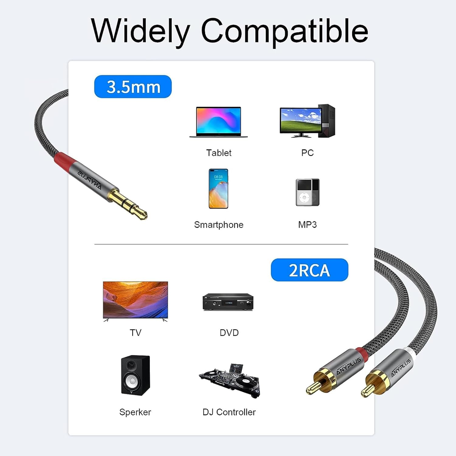 Great Choice Products 2Rca To 3.5Mm,2M 1/8 To Rca 2-Male Headphone Jack Fish Wire Braid Y Splitter Rca Auxiliary Cord For Smartphone, Tablet, Hd…