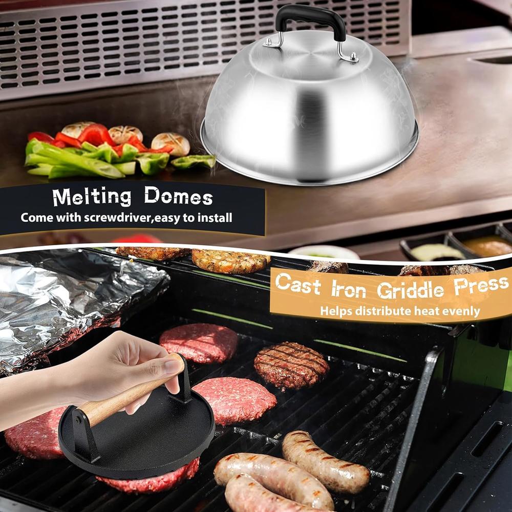 Great Choice Products 12” Melting Dome & 7” Burger Press Kit, Basting Cover With Cast Iron Grill Press For Cheese Burger Bacon, Heavy Duty Gridd…