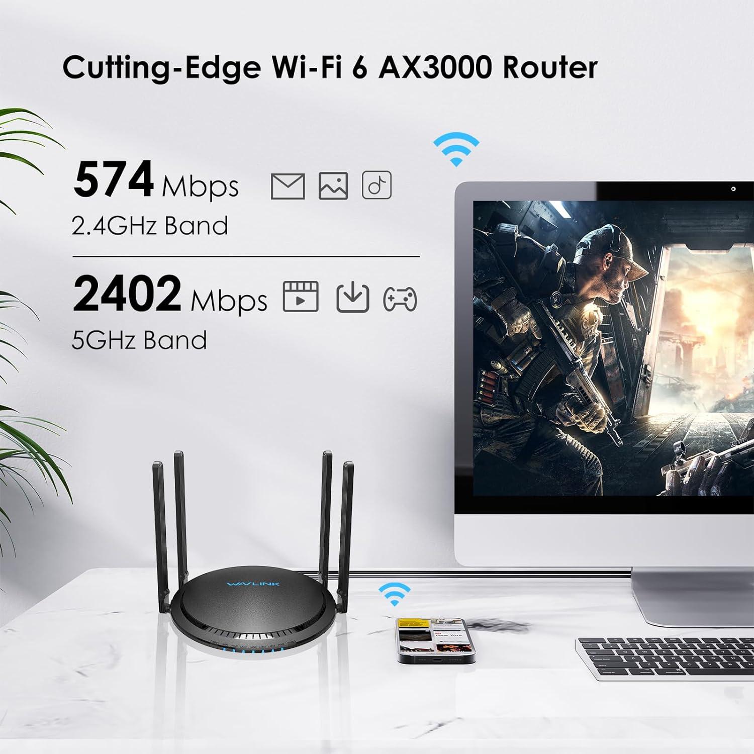 WAVLINK AX3000 WiFi 6 Router, Dual Band Wireless WiFi Router for Home Gigabit Router with 4 * 5dBi High-Gain Antennas, MU-…