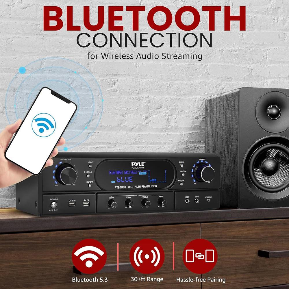 Pyle Home Bluetooth Theater Receiver Amplifier - 500 Watts Peak Power Amp w/Treble, Bass, Echo Control, MP3/USB/FM, Dual C…