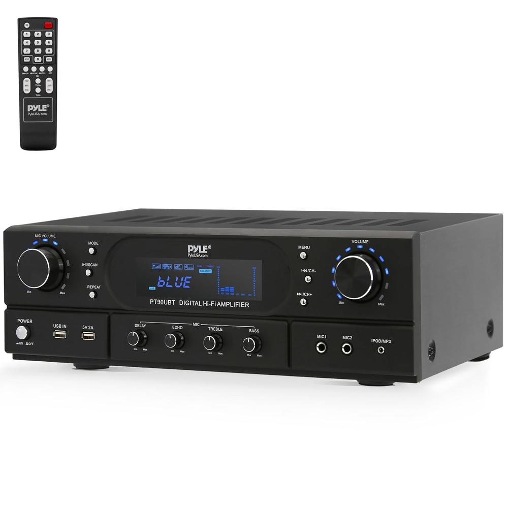 Pyle Home Bluetooth Theater Receiver Amplifier - 500 Watts Peak Power Amp w/Treble, Bass, Echo Control, MP3/USB/FM, Dual C…