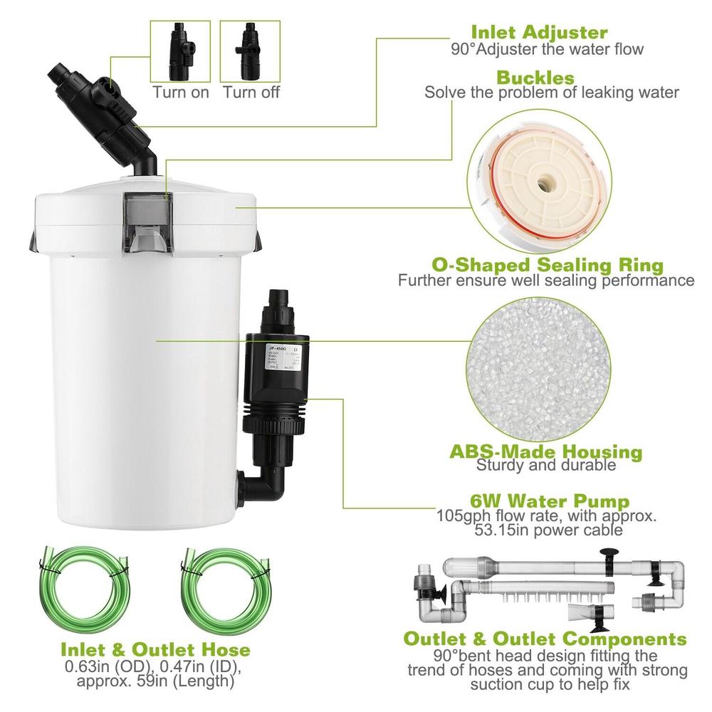imountek Aquariums External Canister Filter 105GPH 3-Stage with Pump Mute Filters Bucket