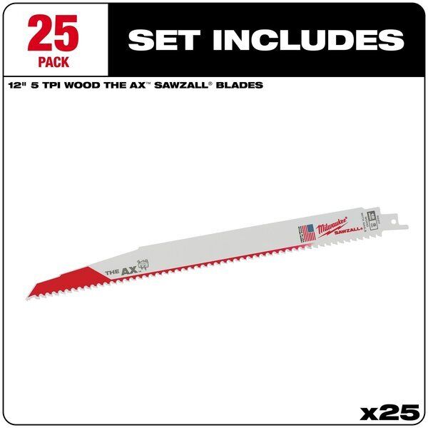 Milwaukee Tool 48-00-8027 12" 5 Tpi The Ax Sawzall  Blade (25 Pk)
