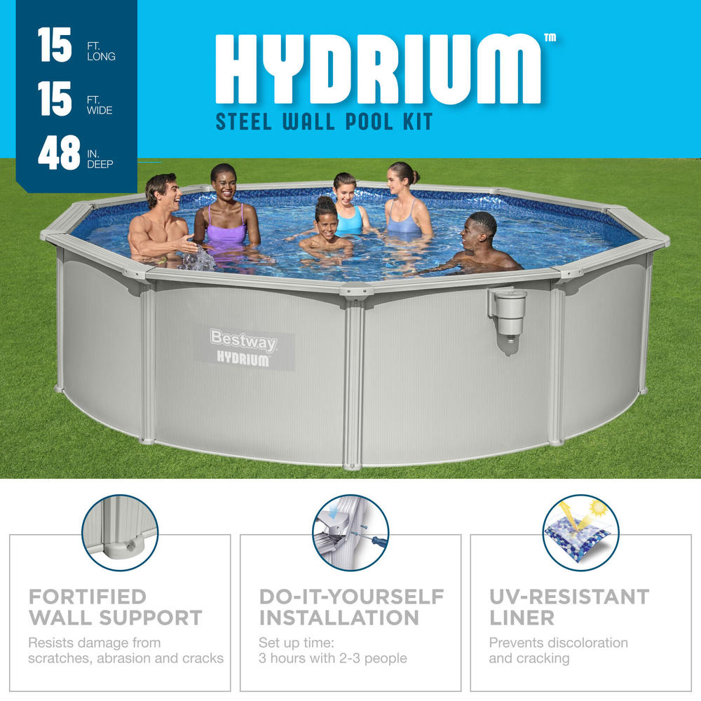 Bestway Hydrium 15' x 48" Round Steel Wall Above Ground Swimming Pool Set Gray