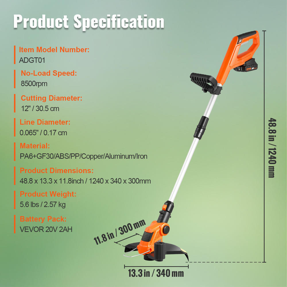 VEVOR Cordless String Trimmer 12" 20 V 2Ah Battery Powered Weed Eater Auto Feed