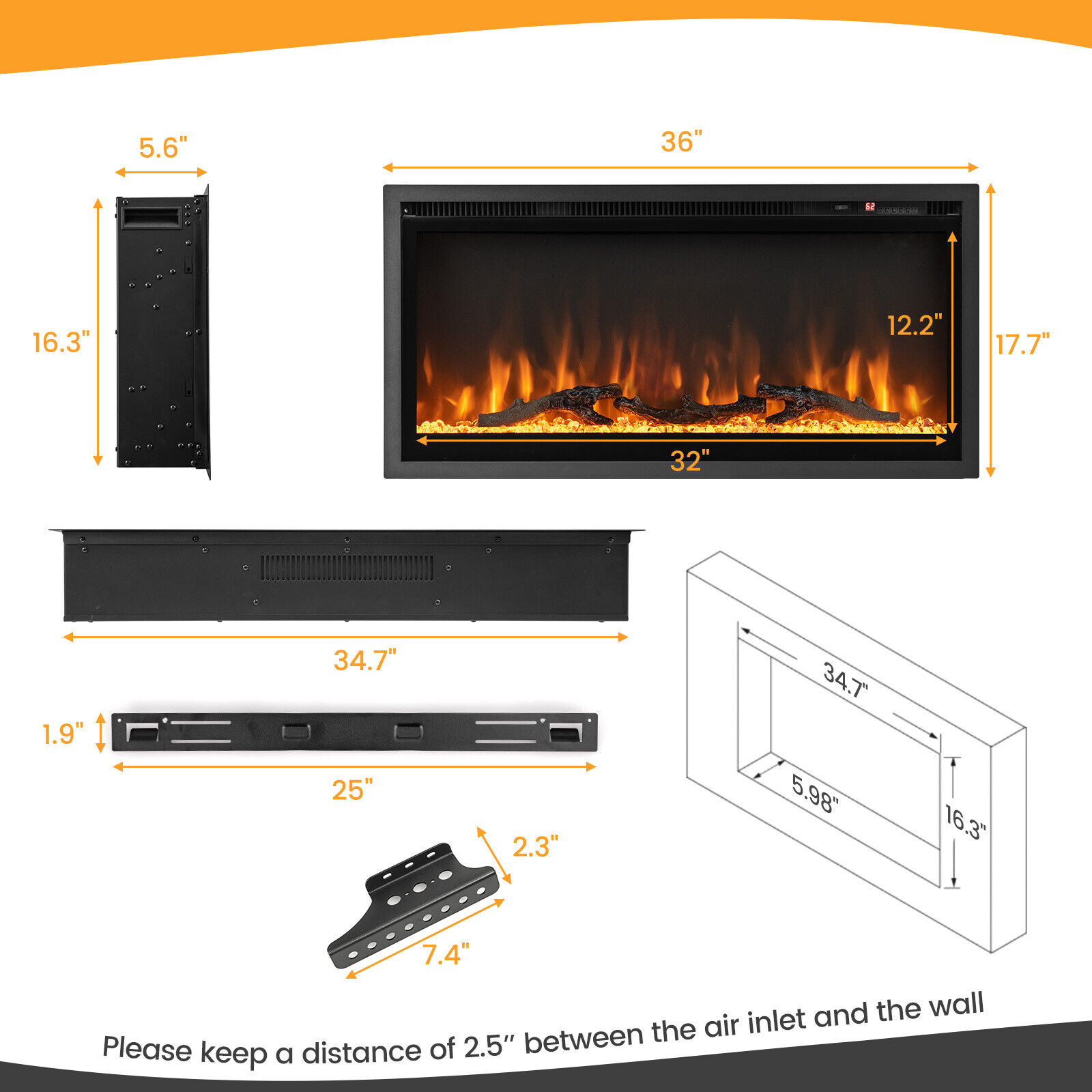 GCP Products 36 in Electric Fireplace Linear Heater Insert Wall Mounted with Remote  Control