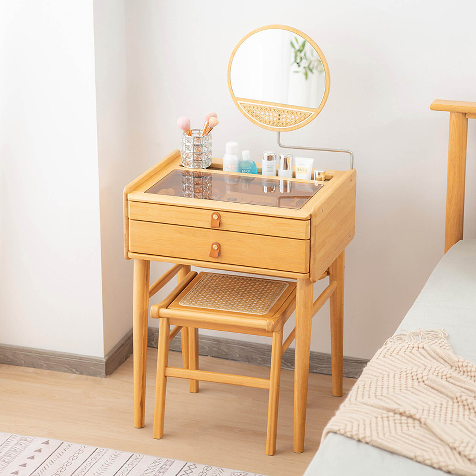 GCP Products Vanity Table Set Home Bamboo Rattan Footstool Dressing Table w/Movable Mirror