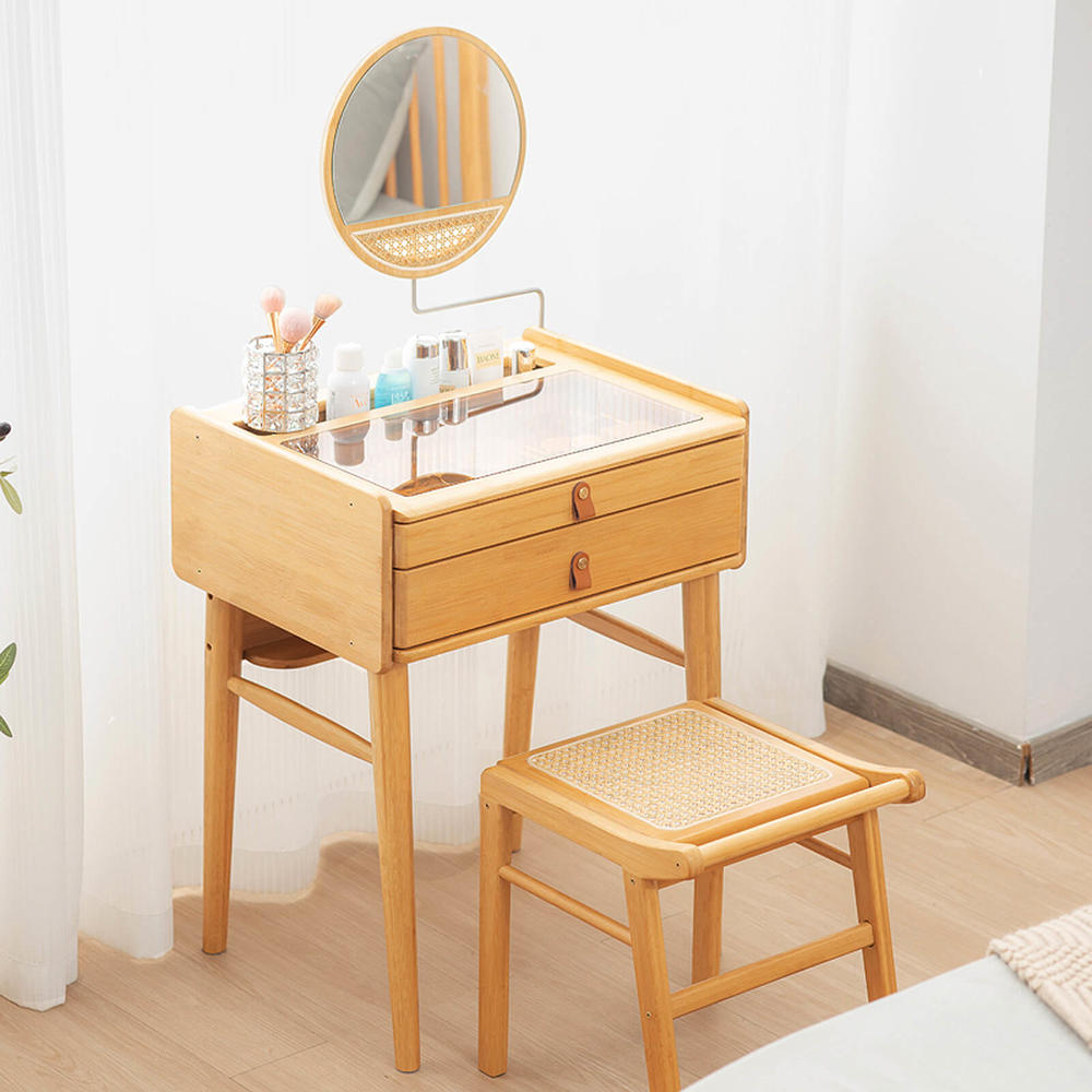 GCP Products Vanity Table Set Home Bamboo Rattan Footstool Dressing Table w/Movable Mirror