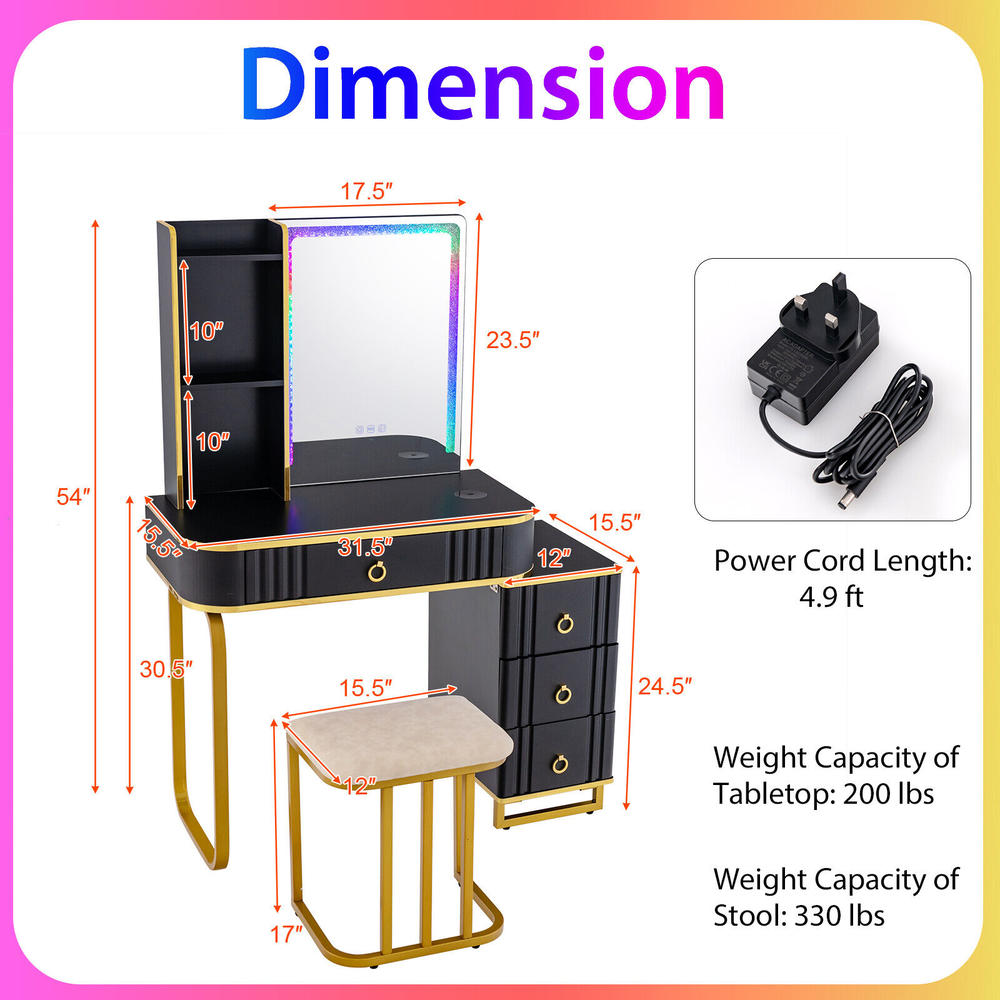 GCP Products Vanity Table Set with RGB LED Lights Crystal Crush Diamond Mirror Drawers Black