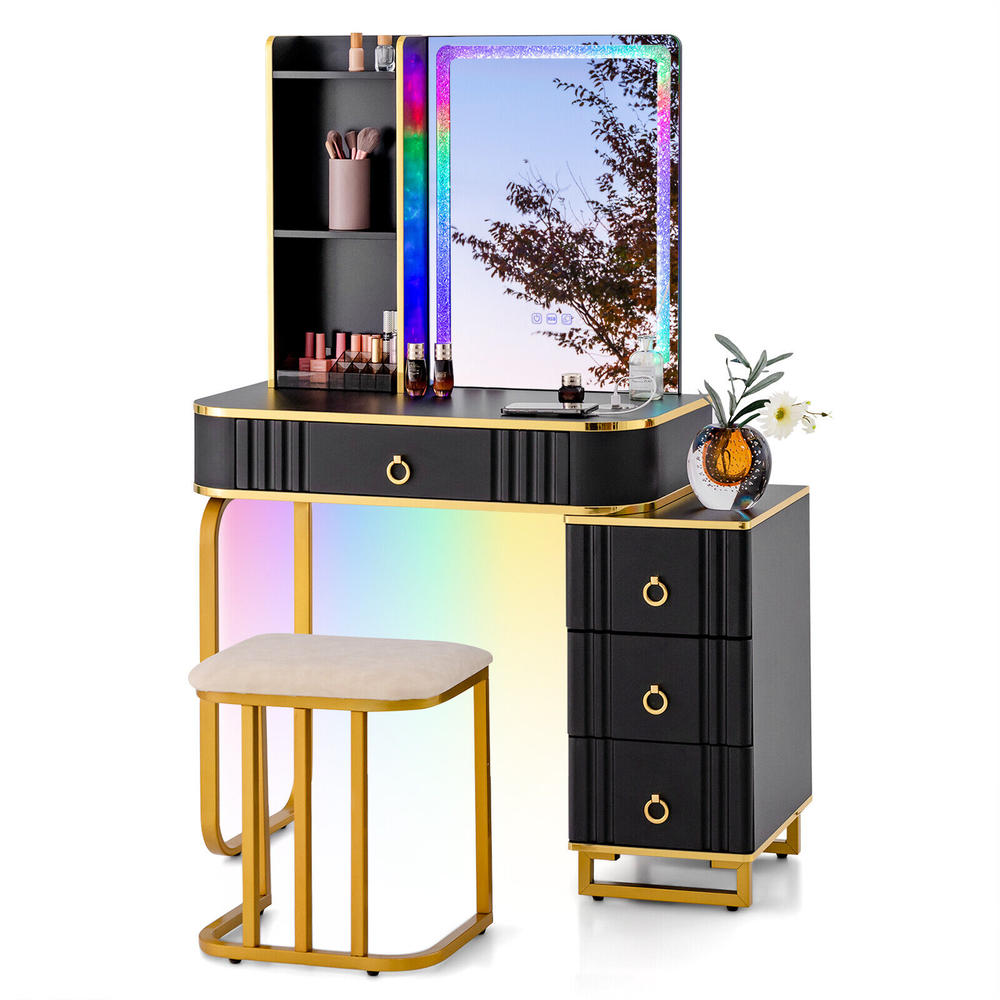 GCP Products Vanity Table Set with RGB LED Lights Crystal Crush Diamond Mirror Drawers Black