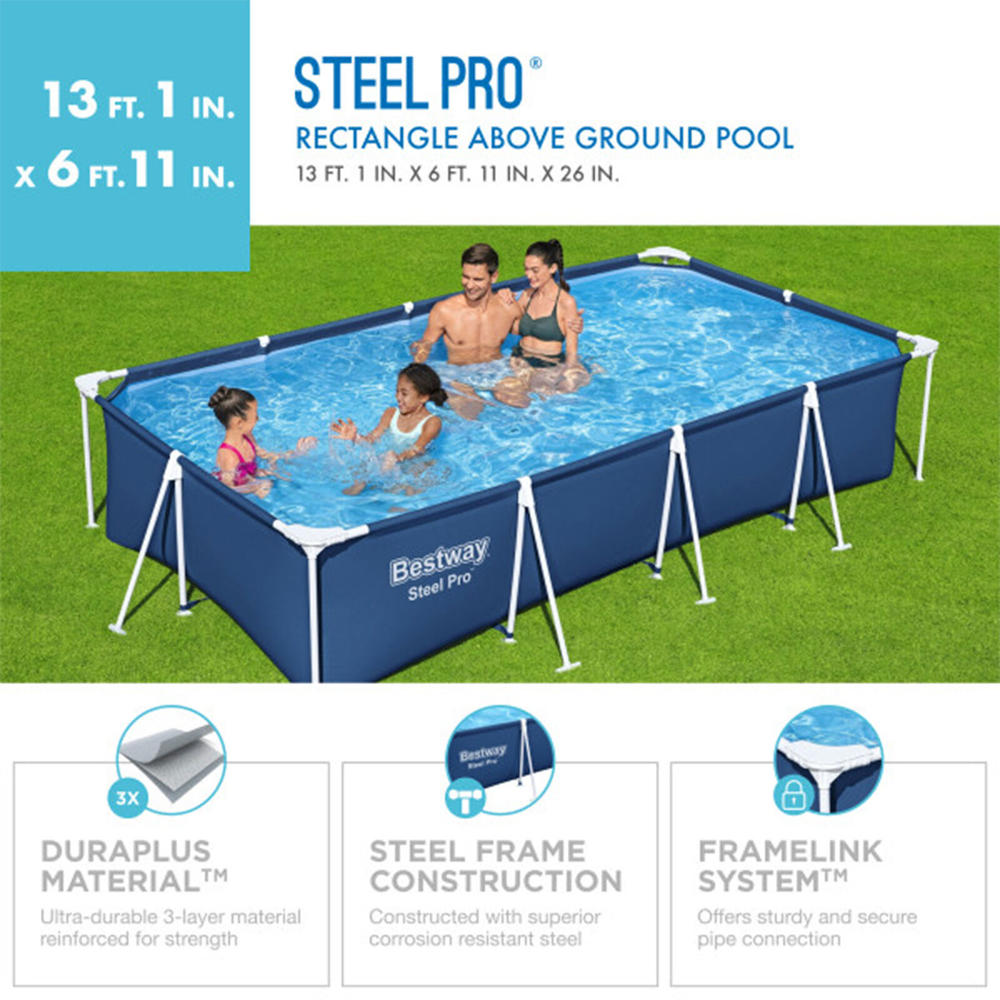Bestway Steel Pro 13 Foot x 32 Inch Rectangular Above Ground Swimming Pool Blue