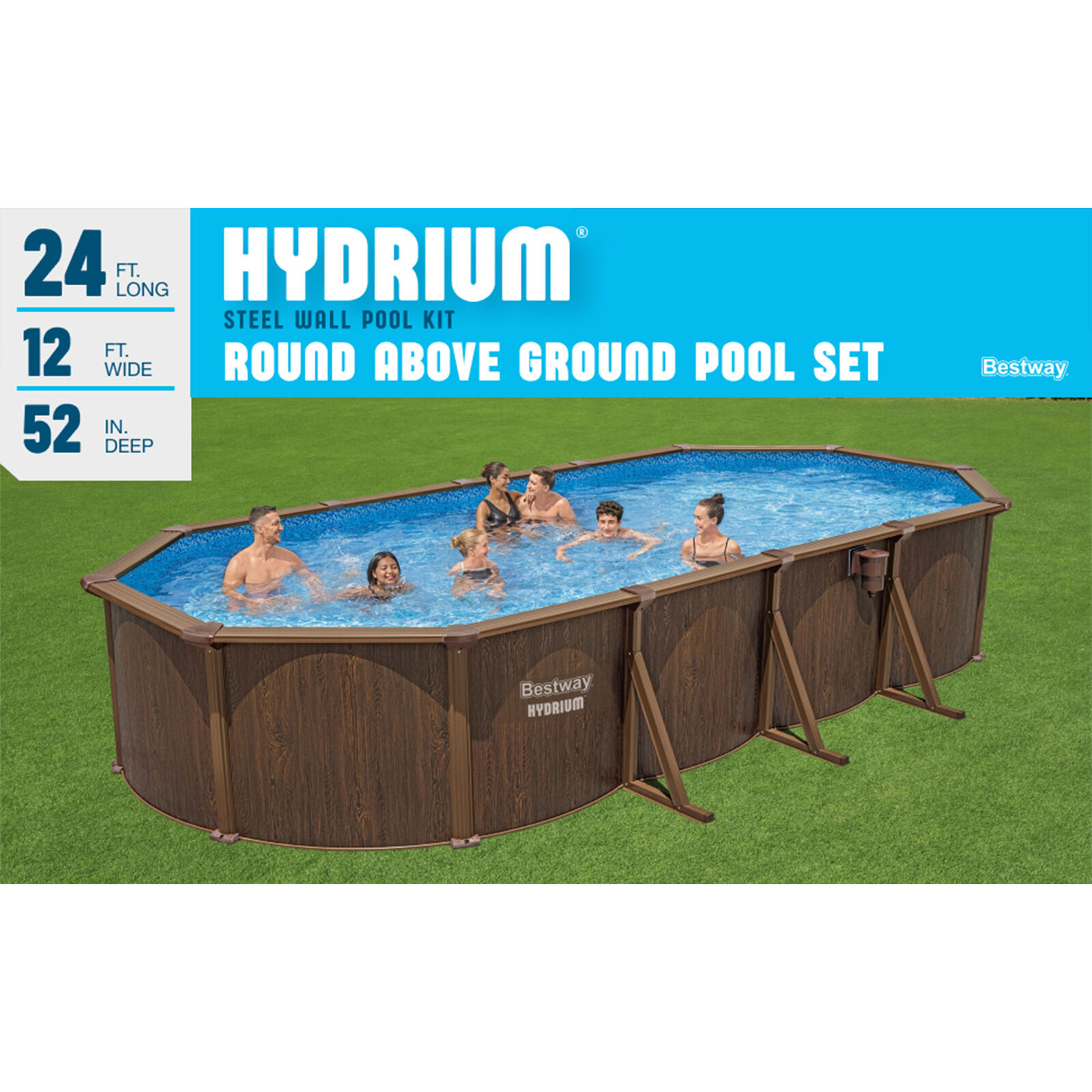 Bestway Hydrium 24'x12'x52" Oval Above Ground Swimming Pool Set Brown Woodgrain