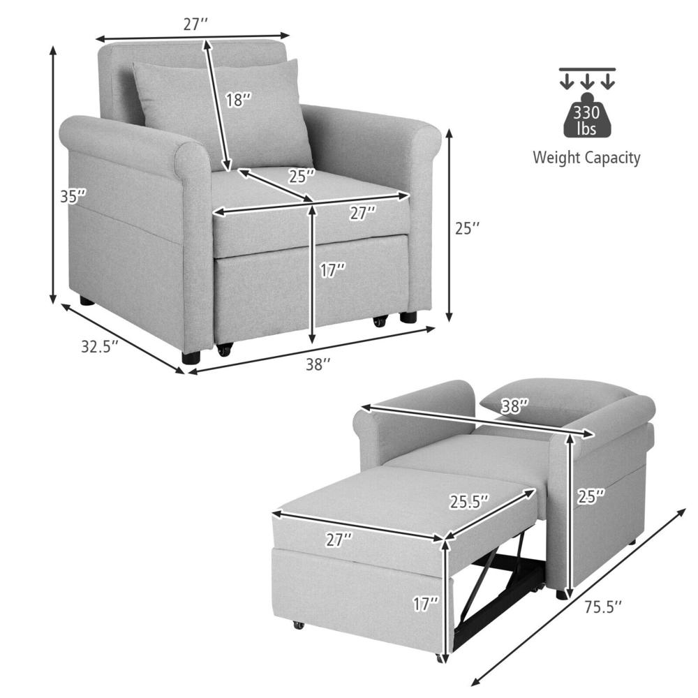 GCP Products 3-in-1 Pull-out Sofa Chair Adjustable Reclining Chair Convertible Sofa Bed Grey