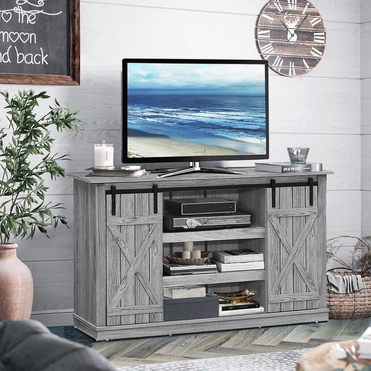 GCP Products Sliding Barn TV Stand for TVs Up to 60" Console Table Flat Screen Bedroom Grey
