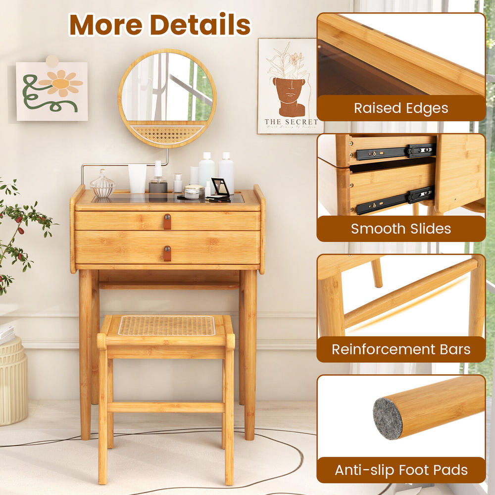 GCP Products Bamboo Vanity Table w/Movable Mirror Reinforced bars Tempered glass tabletop