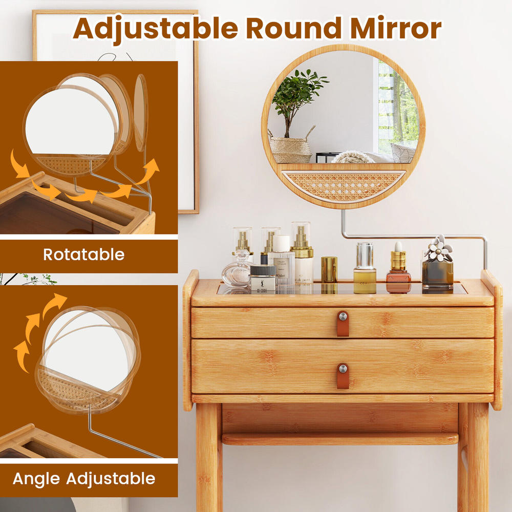GCP Products Bamboo Vanity Table w/Movable Mirror Reinforced bars Tempered glass tabletop