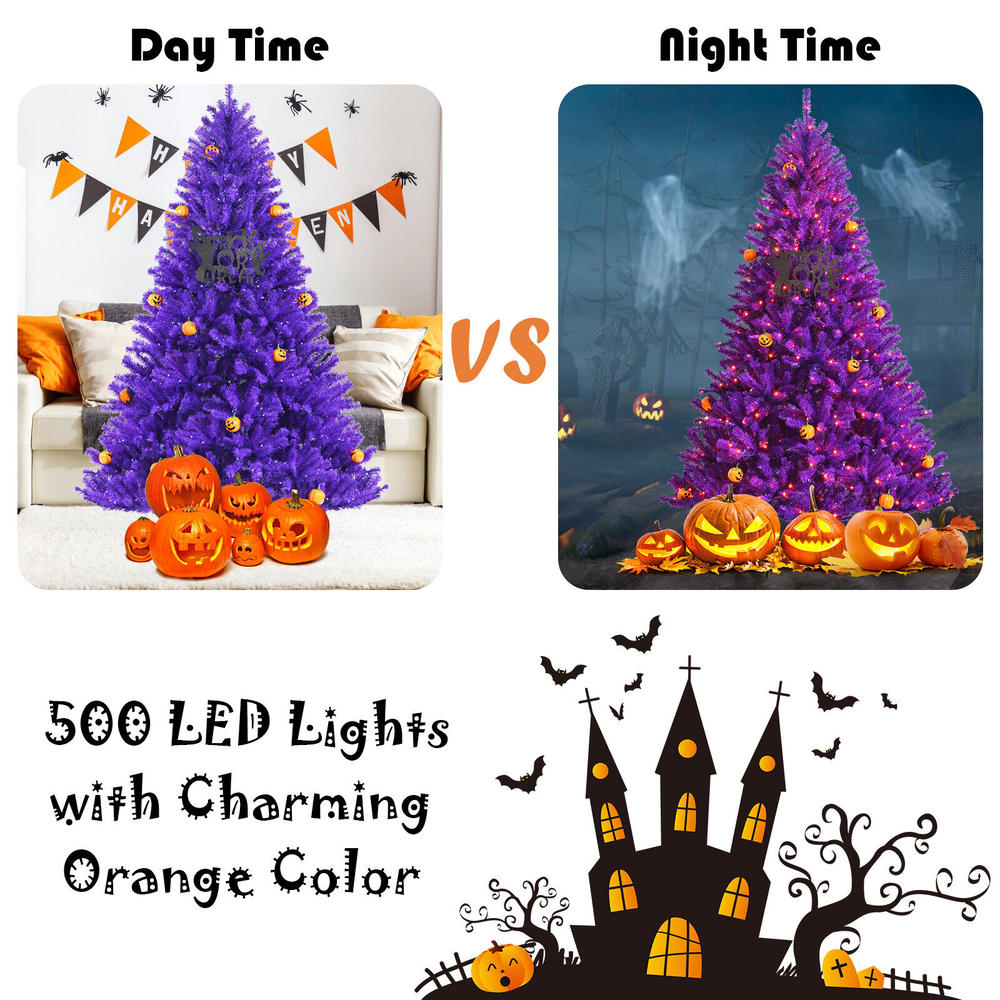 GCP Products 7ft Pre-lit Halloween Christmas Tree w/ Orange Lights Pumpkin Purple Decorations