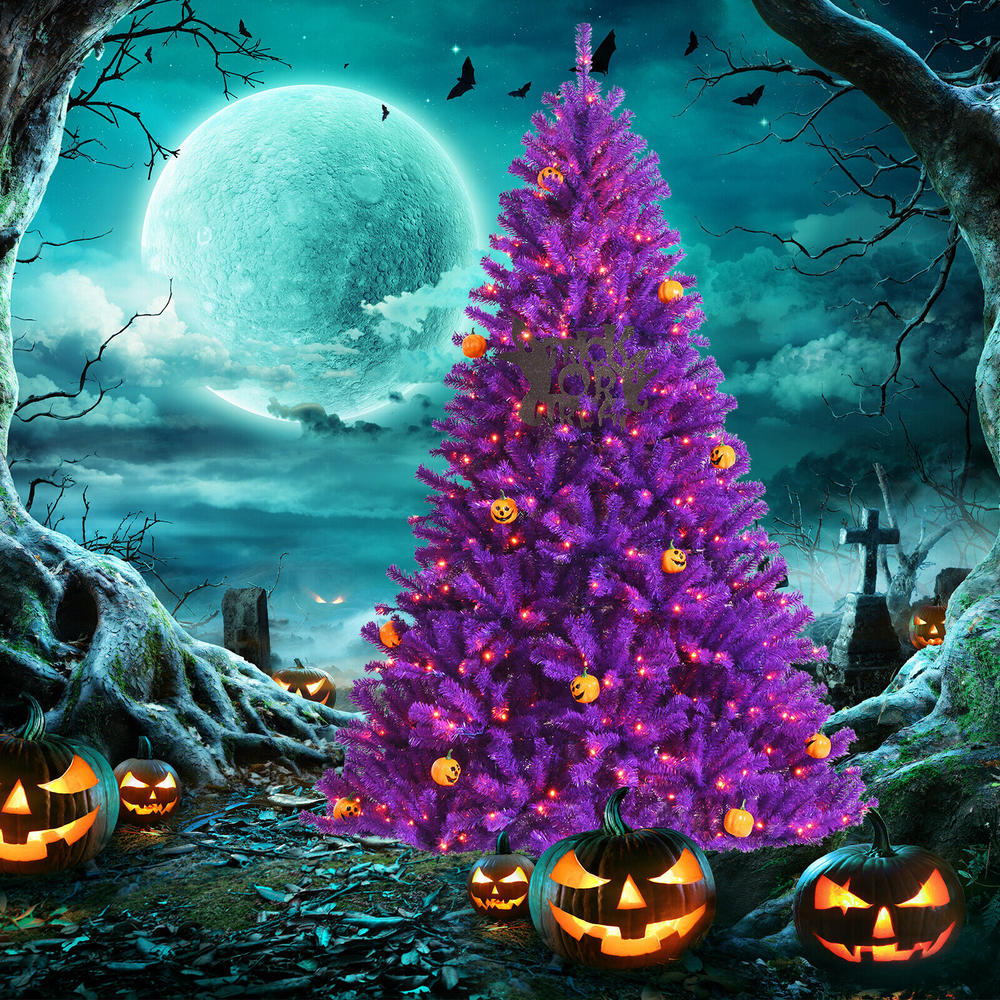 GCP Products 7ft Pre-lit Halloween Christmas Tree w/ Orange Lights Pumpkin Purple Decorations