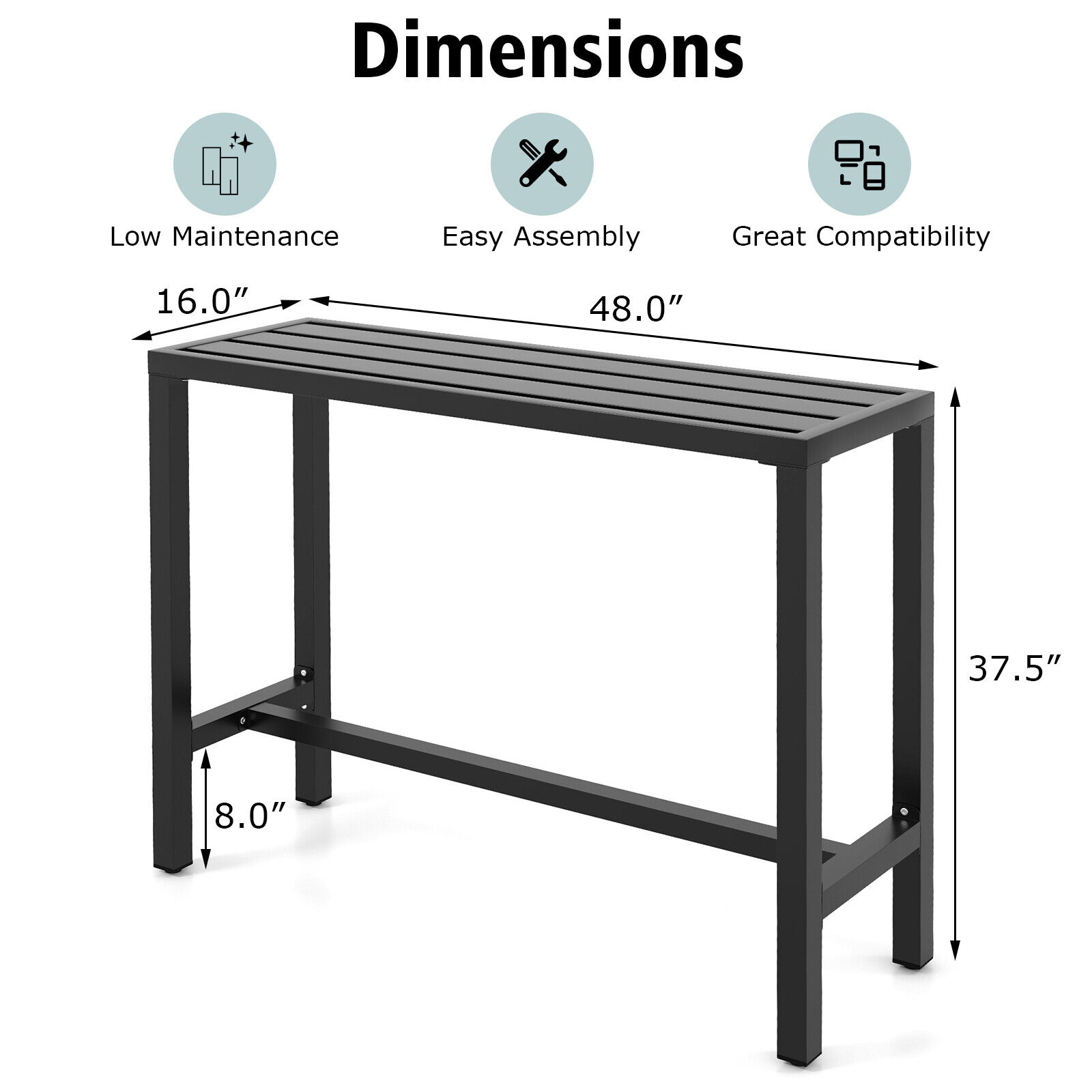 GCP Products 48" Outdoor Metal Bar Table Patio Rectangular Counter Height Dining Table Black