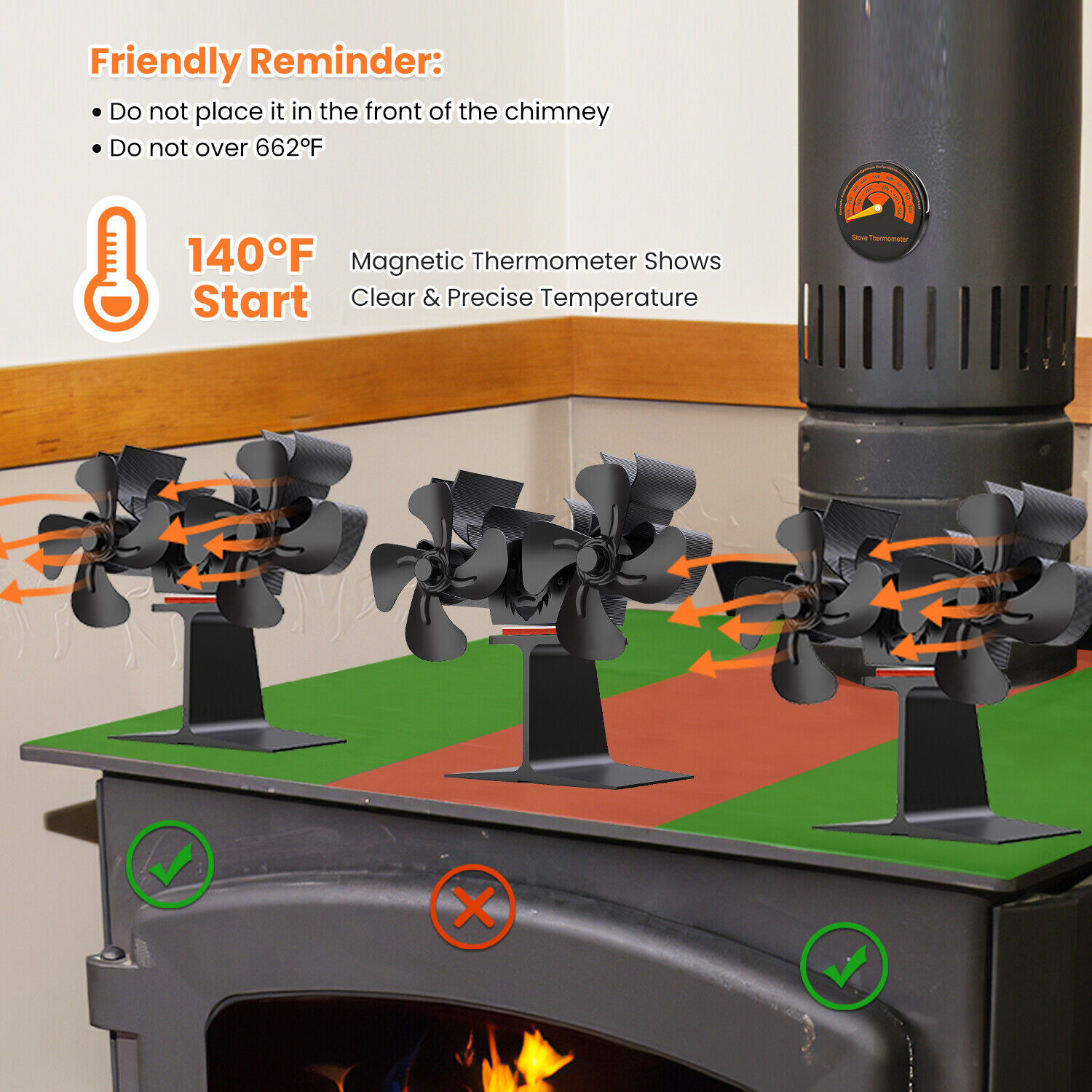 imountek 8-Blade Dual Head Heat Powered Wood Stove Fan Fireplace W/ Magnetic Thermometer