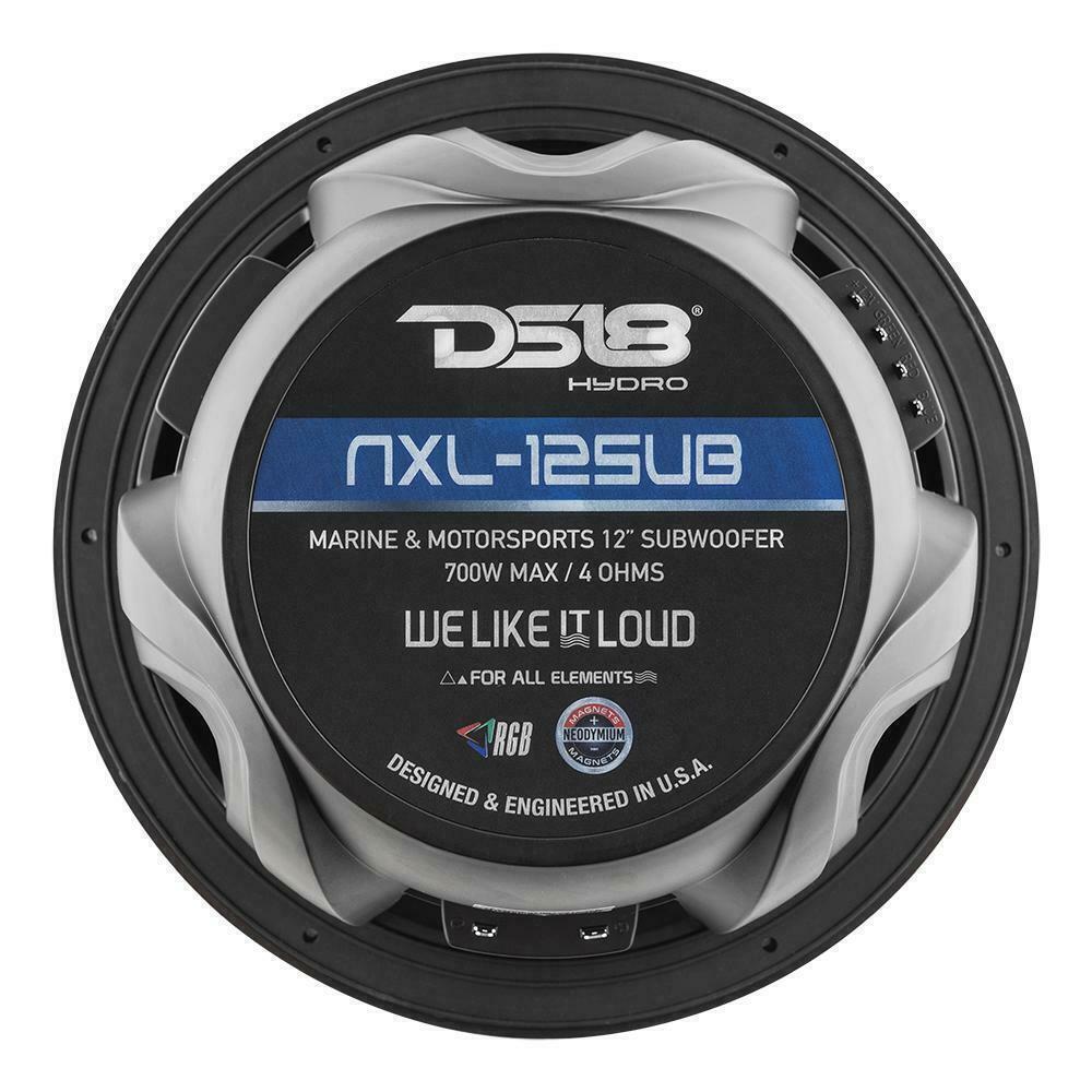 DS18 2 x 12" Black Marine Subwoofer Waterproof LED RGB 1400W 4 Ohm DS18 NXL-12SUB-BK