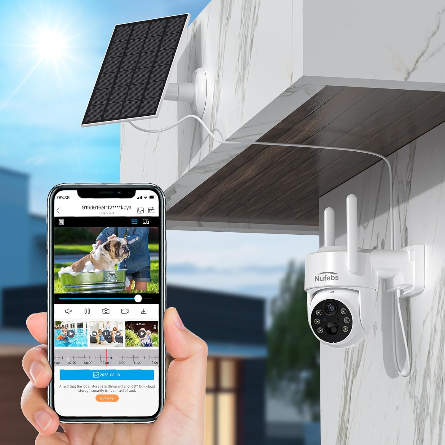 NUFEBS Security Camera 2K/4MP Wireless Outdoor with Solar Panel 355°PTZ 2.4G WiFi Waterproof Surveillance