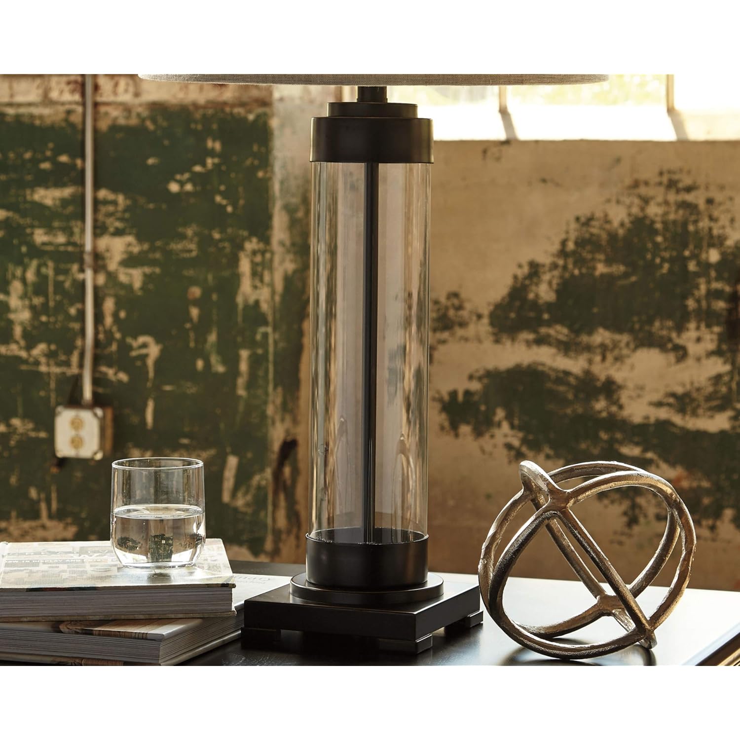 Ashley Signature Design by Ashley Talar Industrial 30" Glass Table Lamp with Drum Shade, Bronze Finish