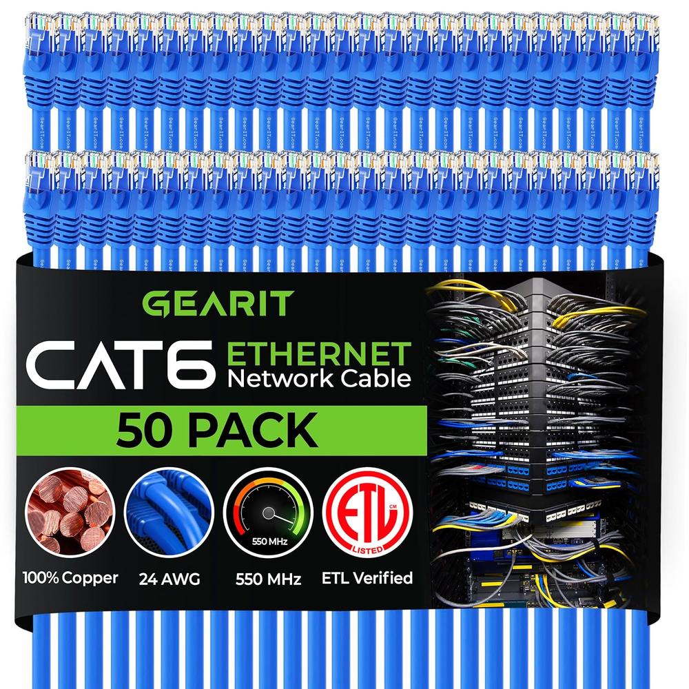 GearIT 50-Pack, Cat 6 Ethernet Cable Cat6 Snagless Patch 2 Feet - Snagless RJ45 Computer LAN Network Cord, Blue - Compat…