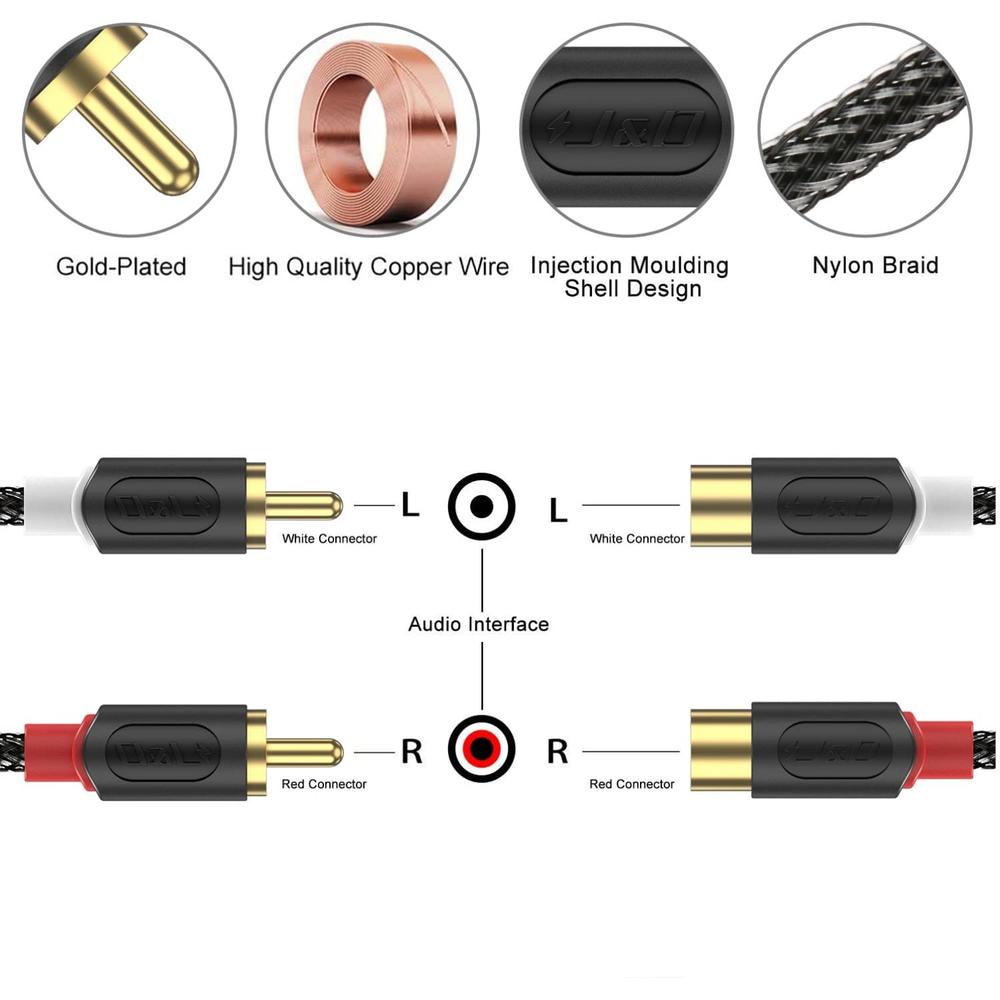 J&D Tech J&D 2 RCA Extension Cable, RCA Cable Gold Plated Audiowave Series 2 RCA Male to 2 RCA Female Stereo Audio Cable with PVC…