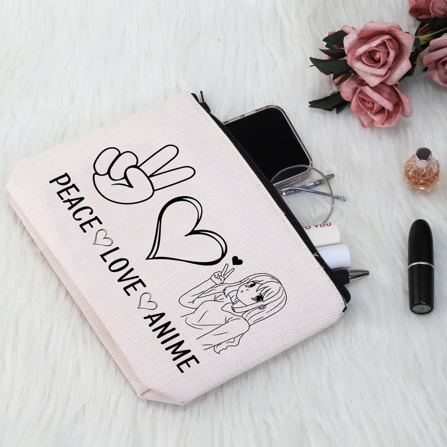 Great Choice Products Anime Lover Gift Peace Love Anime Makeup Bag Japan Anime Fan Cosmetic Bag Anime Merch Zipper Travel Bag (Peace Love Anim…