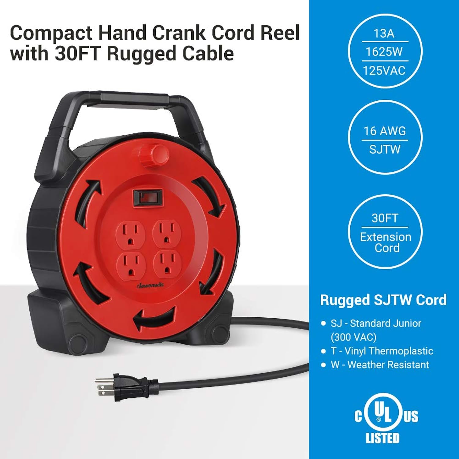 Great Choice Products Extension Cord Reel With 30 Ft Power Cord, Hand Wind Retractable, 16/3 Awg Sjtw, 4 Grounded Outlets, 13 Amp Circuit Brea…